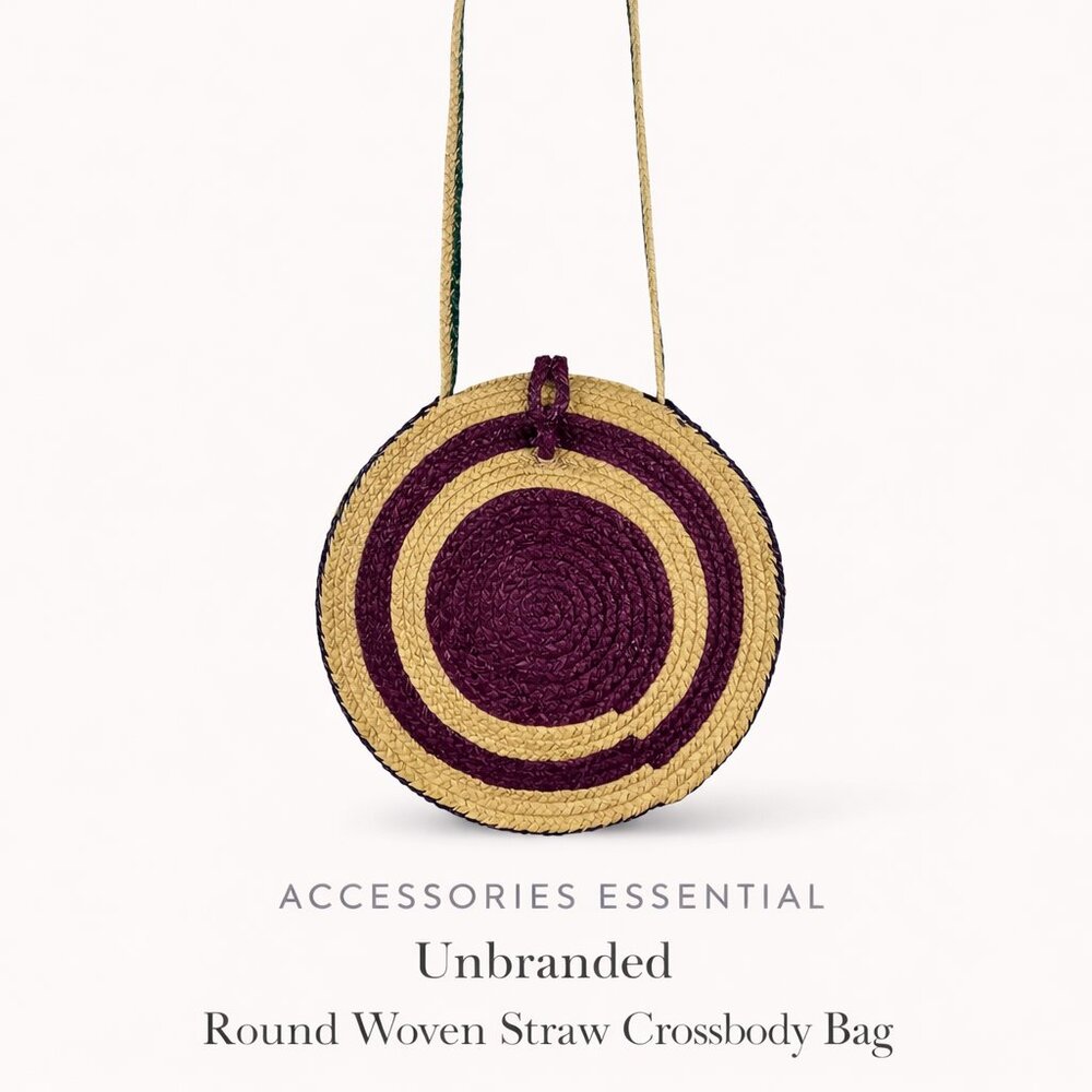 Round Woven Raffia Straw Crossbody Bag Boho Purple Tan Unbranded OS